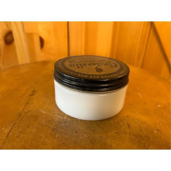 Vtg Cinderella Patent Leather Softening Cream w/ Metal Lid Milk Glass Jar (8279) - Picture 4 of 7